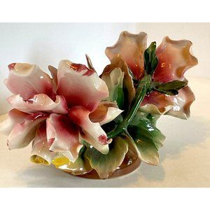 Vintage Capodimonte Candle Holder Roses Pink & Yellow Hand Crafted Italy